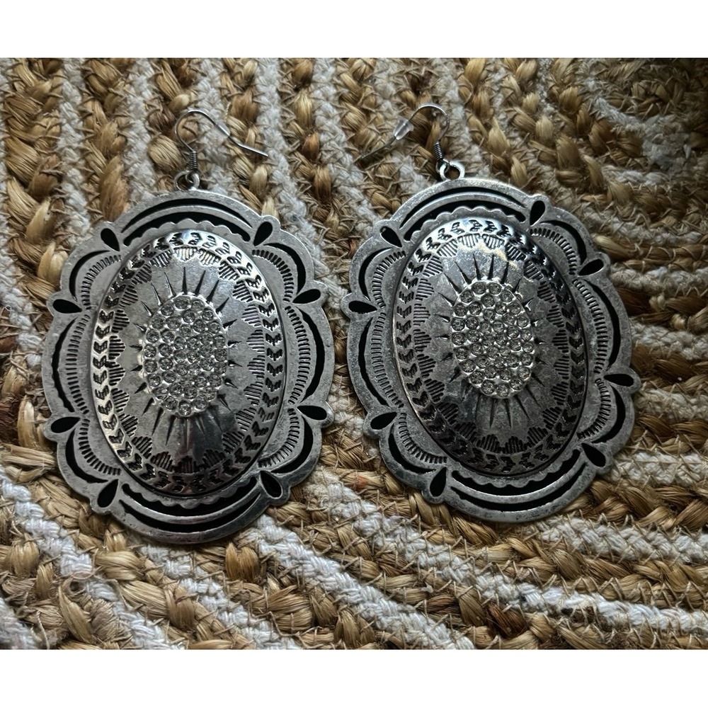 Western Style Concha Silver Tone Dangle Earrings large